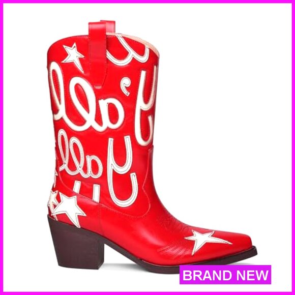 Metallic Cowboy Boots Mid Calf Low Heel Pointed Toe Western Pull On - Picture 4 of 7